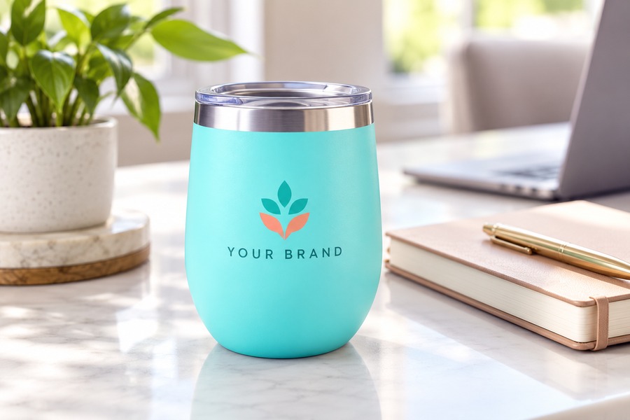 Illustrative turquoise egg-shaped 12oz tumbler with sample brand logo and clear lid on an office desk